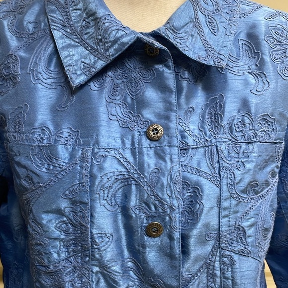 Susan Graver Blue Dupioni Texture Satin Floral Embroidery Jacket Coastal Grandma - Picture 2 of 12